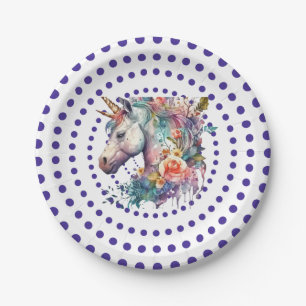 Blue White Background Floral Unicorn Paper Plates