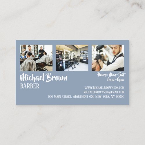 Blue White Barber pole supply shop custom photo Business Card
