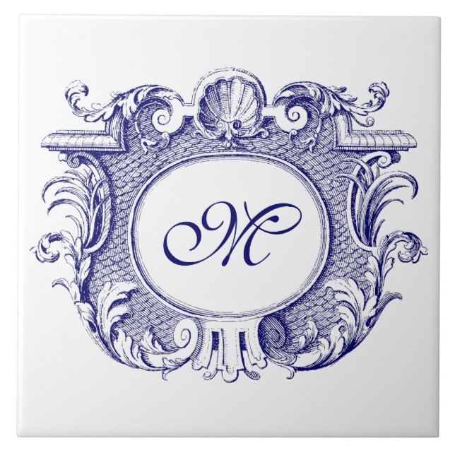 Blue & White Baroque Cartouche Shell Monogram Ceramic Tile (Front)