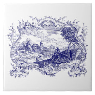 Blue & White Baroque Rococo Cartouche Castle Ceramic Tile