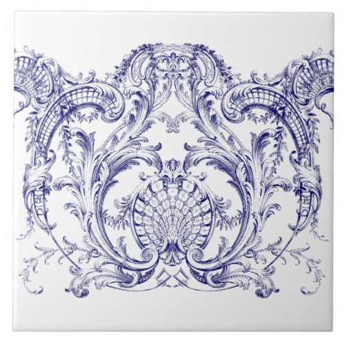 Blue  White Baroque Rococo Cartouche Frieze Ceramic Tile