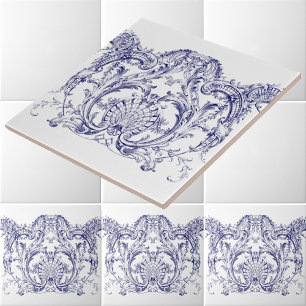 Blue & White Baroque Rococo Cartouche Frieze Ceramic Tile