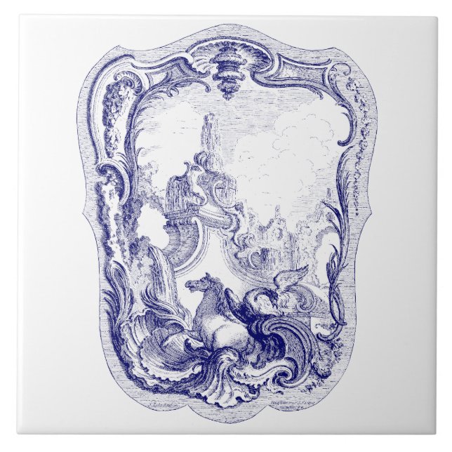 Blue & White Baroque Rococo Cartouche Mermaids Ceramic Tile (Front)