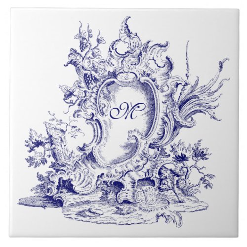 Blue  White Baroque Rococo Cartouche Monogram Ceramic Tile