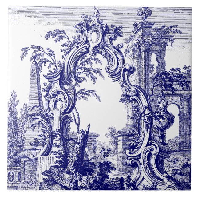 Blue & White Baroque Rococo Cartouche Ruins Ceramic Tile (Front)
