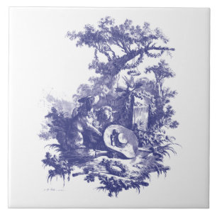 Blue & White Baroque Rococo Dog & Sheep Landscape Ceramic Tile
