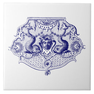 Blue & White Baroque Rococo Dolphin Cartouche Ceramic Tile
