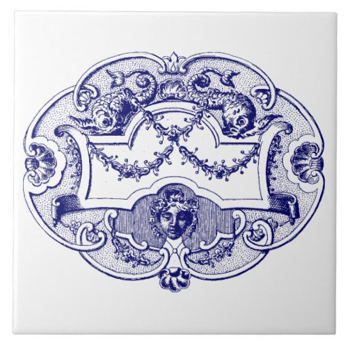 Blue  White Baroque Rococo Dolphins Cartouche Ceramic Tile