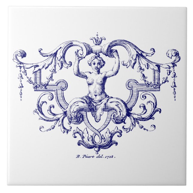 Blue & White Baroque Rococo Mermaid Ceramic Tile (Front)