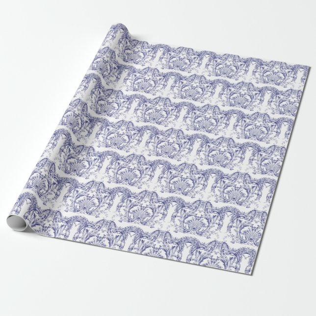 Blue & White Baroque Rococo Pattern Wrapping Paper (Unrolled)