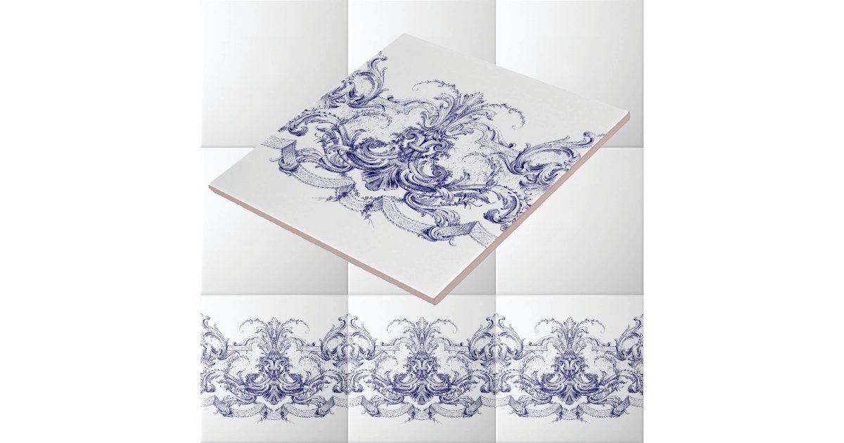 Blue & White Baroque Rococo Rocaille Frieze Ceramic Tile | Zazzle