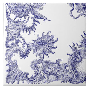 Blue & White Baroque Rococo Rocaille Pattern b Ceramic Tile