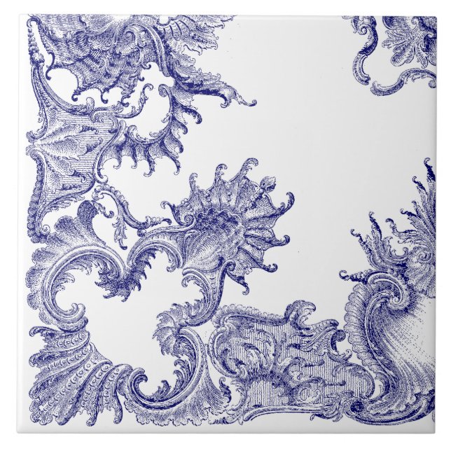 Blue & White Baroque Rococo Rocaille Pattern b Ceramic Tile (Front)