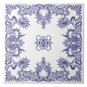 Blue & White Baroque Rococo Rocaille Pattern Ceramic Tile