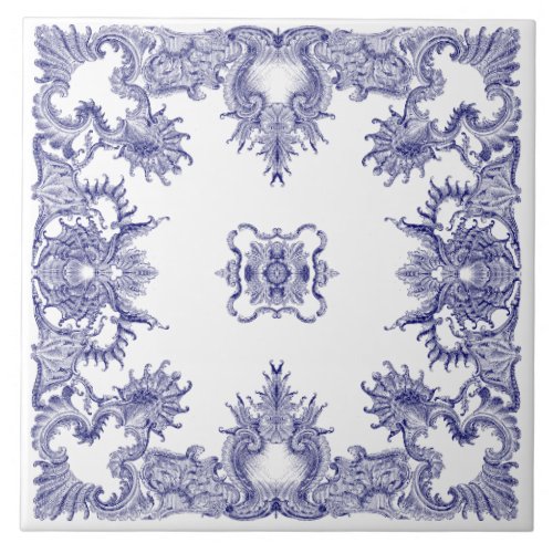 Blue  White Baroque Rococo Rocaille Pattern Ceramic Tile