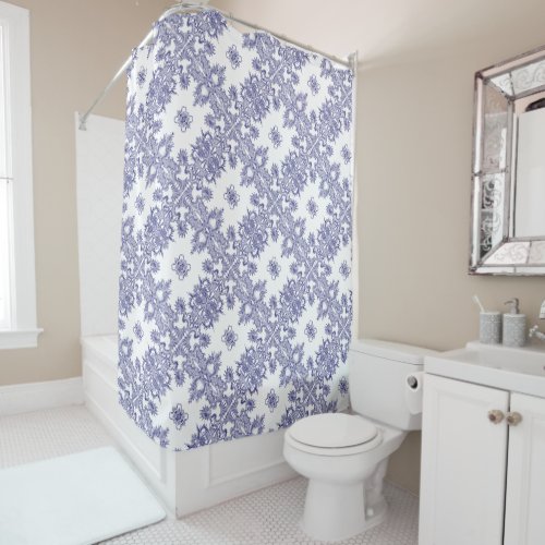 Blue  White Baroque Rococo Rocaille Pattern Shower Curtain