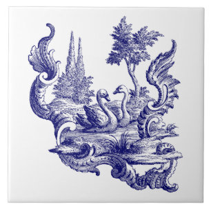 Blue & White Baroque Rococo Rocaille Swan Pair Ceramic Tile