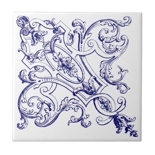 Blue  White Baroque Rococo Seashells Pattern b Ceramic Tile
