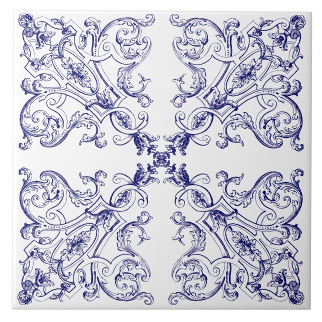 Blue & White Baroque Rococo Seashells Pattern Ceramic Tile (Front)