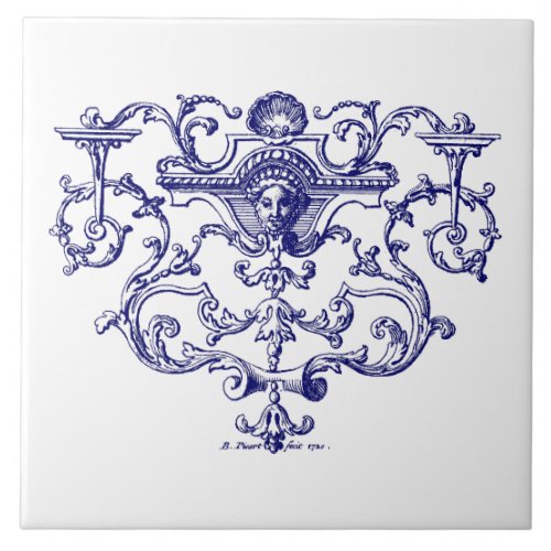 Blue  White Baroque Rococo Shell Ornament Ceramic Tile