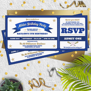 Blue & White Baseball Allstar Ticket Birthday Invitation