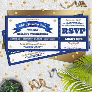 Blue & White Baseball Allstar Ticket Birthday Invitation