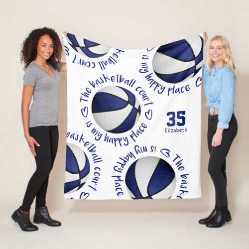 blue white basketball court my happy place sports fleece blanket