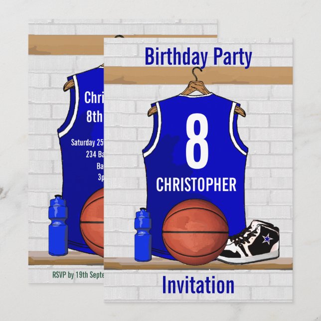 Blue White Basketball Jersey Birthday Party Invitation (Front/Back)