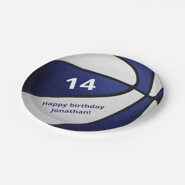 blue white basketball kids birthday celebration paper plates (Angled)