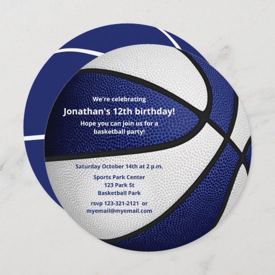 blue white basketball themed birthday party announcement