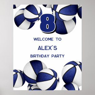 blue white basketballs birthday party welcome poster
