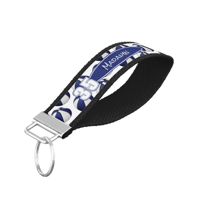 blue white basketballs pattern athlete name wrist keychain (Angled Down)