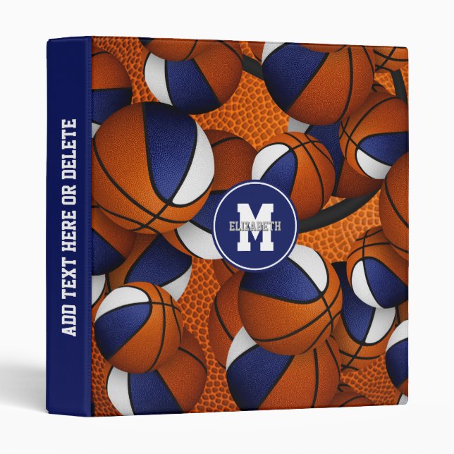 blue white basketballs sporty back to school 3 ring binder (Front/Spine)