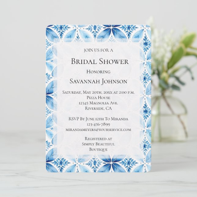 Blue White Batik Floral Bridal Shower Invitation (Standing Front)