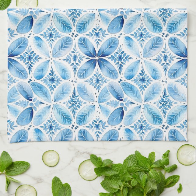 Blue White Batik Floral Bridal Shower Kitchen Towel (Folded)