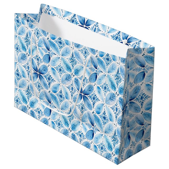 Blue White Batik Floral Bridal Shower Large Gift Bag (Front Angled)