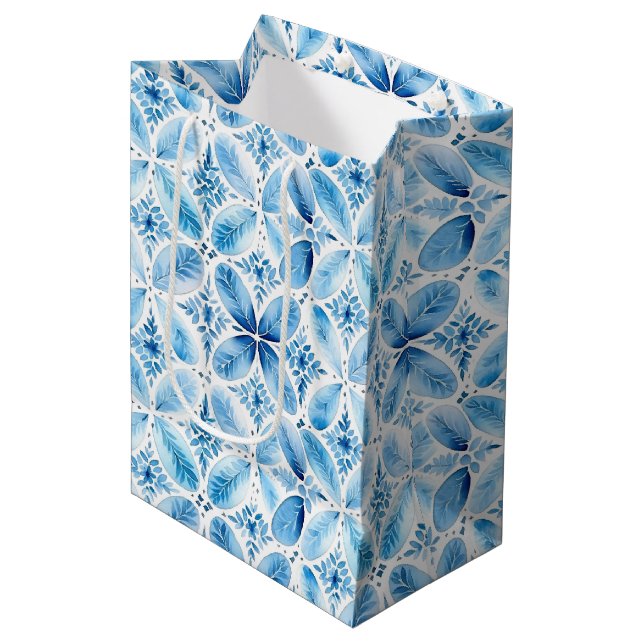 Blue White Batik Floral Bridal Shower Medium Gift Bag (Front Angled)