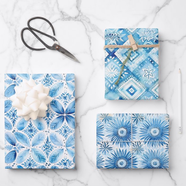 Blue White Batik Floral Bridal Shower Wrapping Paper Sheets (Front)