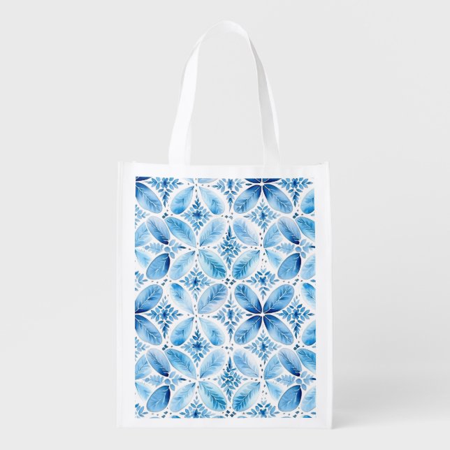 Blue White Batik Floral  Grocery Bag (Front)