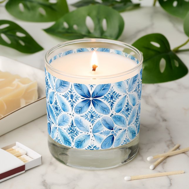 Blue White Batik Floral  Scented Candle (Lit)