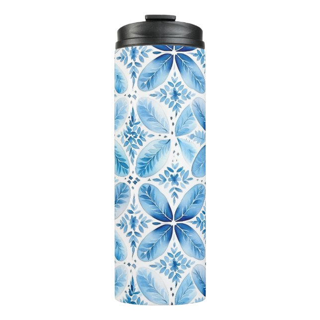 Blue White Batik Floral  Thermal Tumbler (Front)