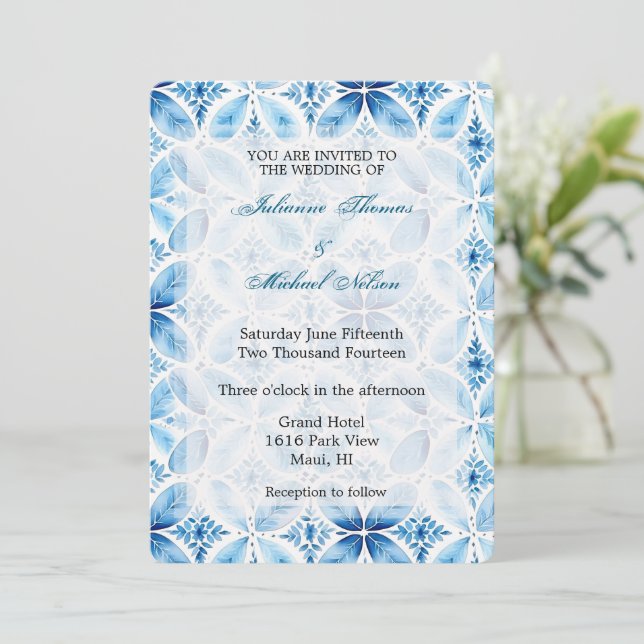 Blue White Batik Floral Wedding Invitation (Standing Front)