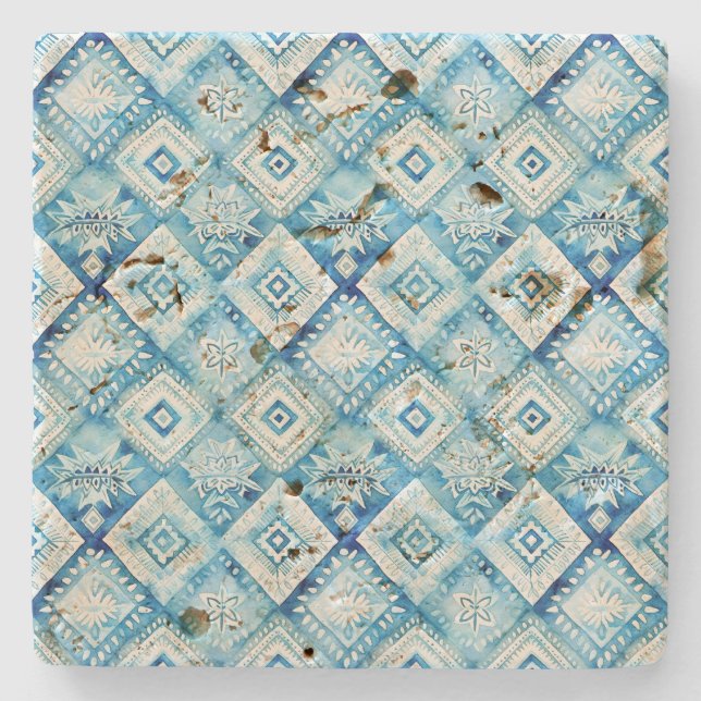 Blue White Batik Squares Stone Coaster (Front)