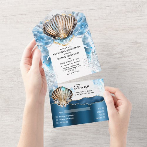Blue white beach clam shells shiny mother of pearl all in one invitation
