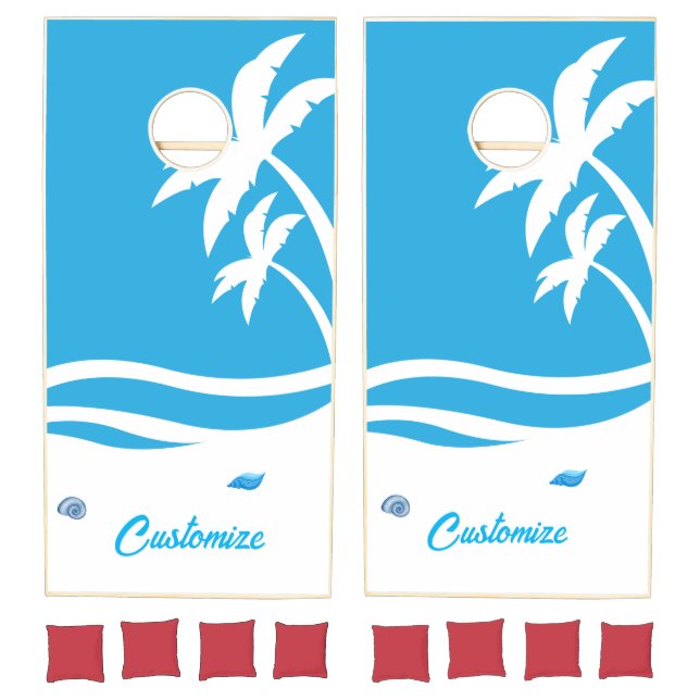 Blue & White Beach Customize Wording Cornhole Game (Set)