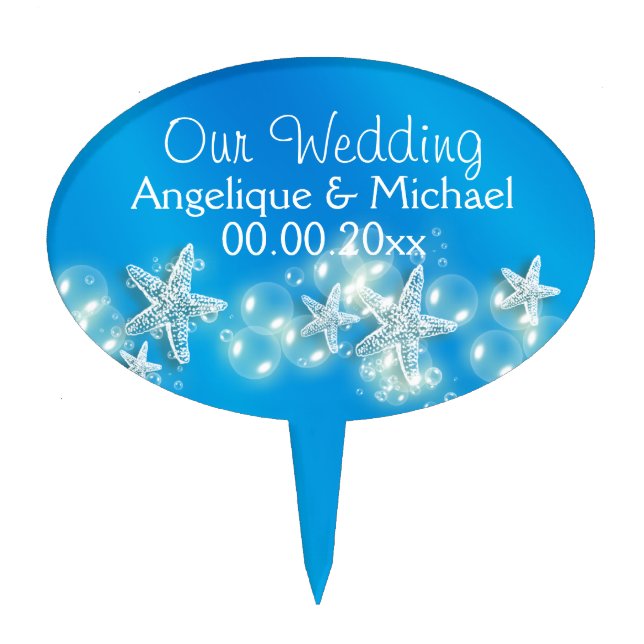 Blue white beach starfish PERSONALIZE Cake Topper (Front)