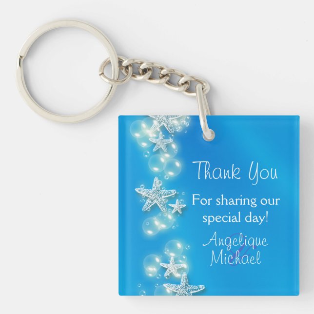 Blue white beach starfish wedding keychain (Front)