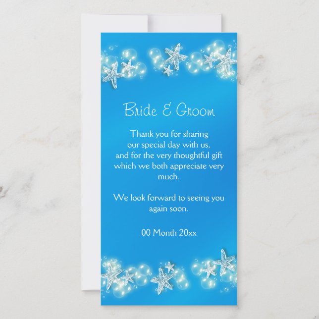 Blue white beach starfish wedding thank you card (Front)