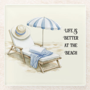 Blue White Beach Umbrella Glass Coaster