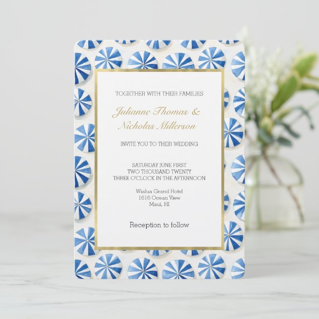 Blue White Beach Umbrellas French Riviera Wedding Invitation (Standing Front)